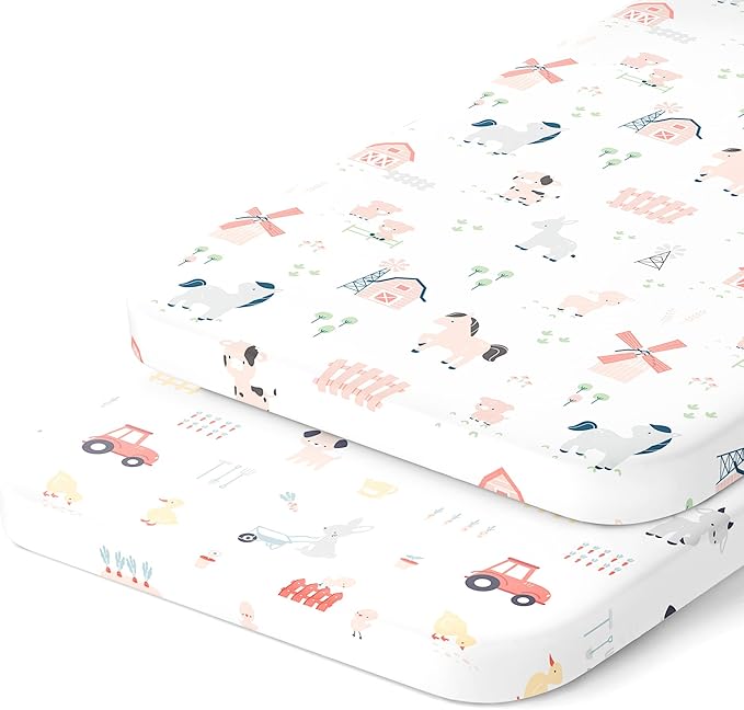 Bassinet Fitted Sheets Compatible with Arms Reach Cosleeper Versatile, Clear-Vue, Cambria and Mini– Snuggly Soft 100% Jersey Cotton – Farm Animals – 2 Pack – Not for Ideal Ezee