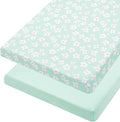 TILLYOU Mini Crib Fitted Sheets - Soft Knit Sheet for Pack N Play, Microfiber Mini Crib Sheets, Playpen Bedding Sheet for Baby 2 Pack, Machine Washable, 38'' x 24'', Fresh Flowers and Light Green