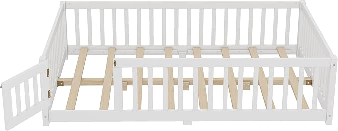 Bellemave Full Size Floor Bed with Rails for Kids, Girls, Boys, Pine,Plywood Floor Bed with slats and Door, White