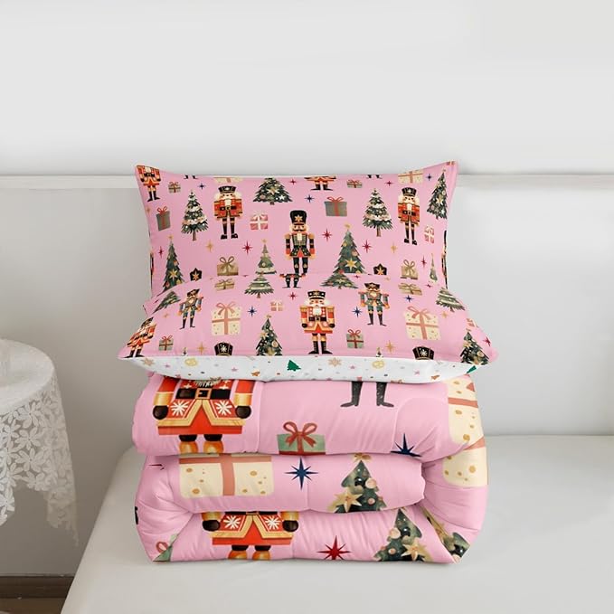 jejeloiu Xmas Nutcracker Comforter Set Toddler Size Christmas Pink Bedding Set for Kids Boys Girls Cute Snowflakes Duvet Quilt Bedroom Decor