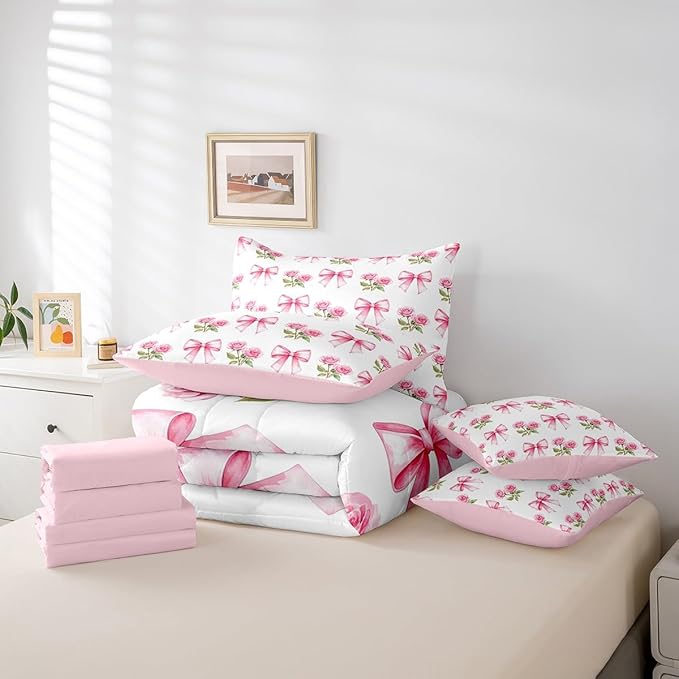 7 Pieces Pink Bowknot Kids Comforter Twin,Rose Flowers Valentine's Day Romantic Bedding Set,Pink Bow Tie Knot Princess Dreamy（Comforter+Fitted+Flat Sheet+2 Pillowcases+2 Throw Pillow Covers）