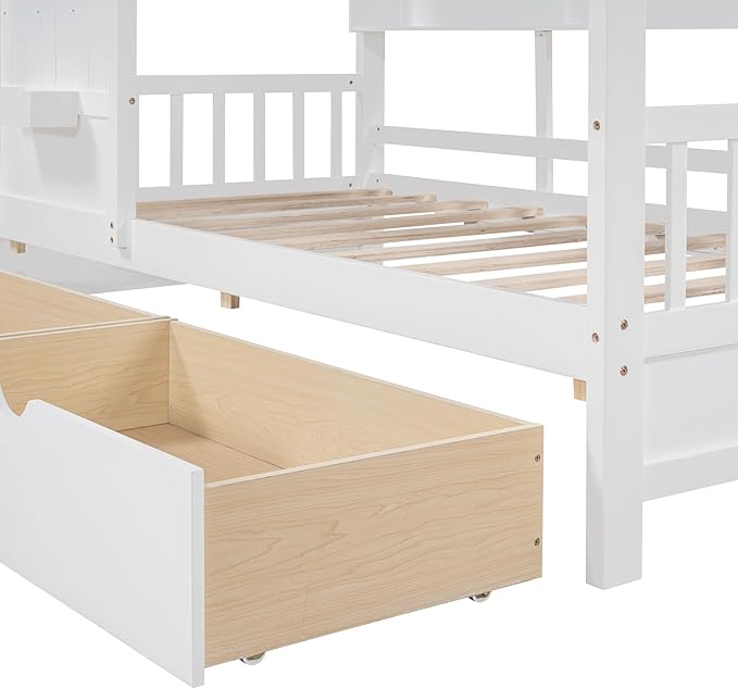 Harper & Bright Designs Twin Size Modern House Bed with Roof, Wooden Twin Size House Bed with 2 Drawers and Storage Shelf, White