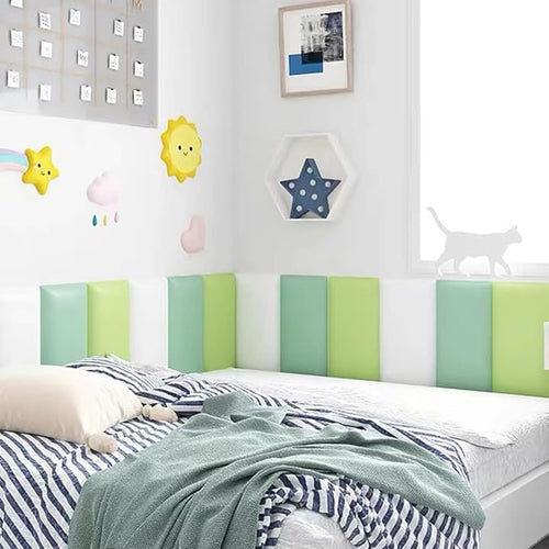 3D Anti-Collision Wall Padding for Kids, Peel and Stick Upholstered Wall Panels, Queen Headboard, Playroom Decorative Protection Panel, Pack of 2 Panels Sized 23.6” X 11.8” (Green)