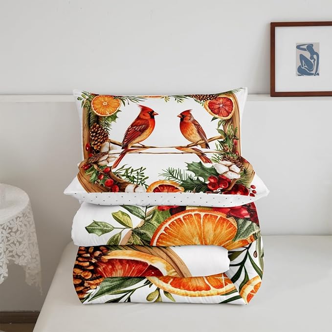 jejeloiu Kids Red Cardinal Comforter Set King Size Christmas Theme Bedding Set for Boys Girls Teens Xmas Birds Animal Lemon Winter Wood Duvet Quilt Room Decor