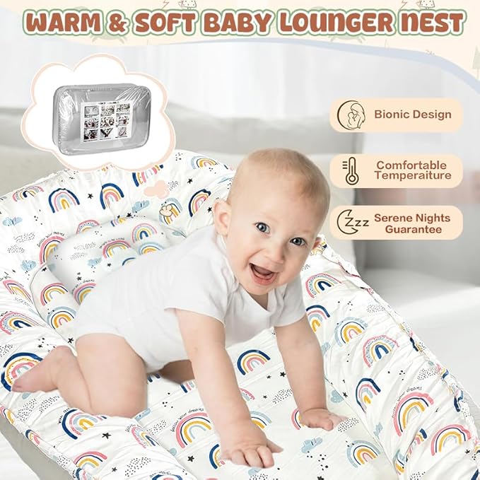 JIFTOK Baby Nests Lounger for Newborn, Snuggle Bassinet for 0-24M, Breathable Portable Co Bed, Baby Essentials Adjustable Infant Soft Cotton Loungers for Home & Travel -Rainbow