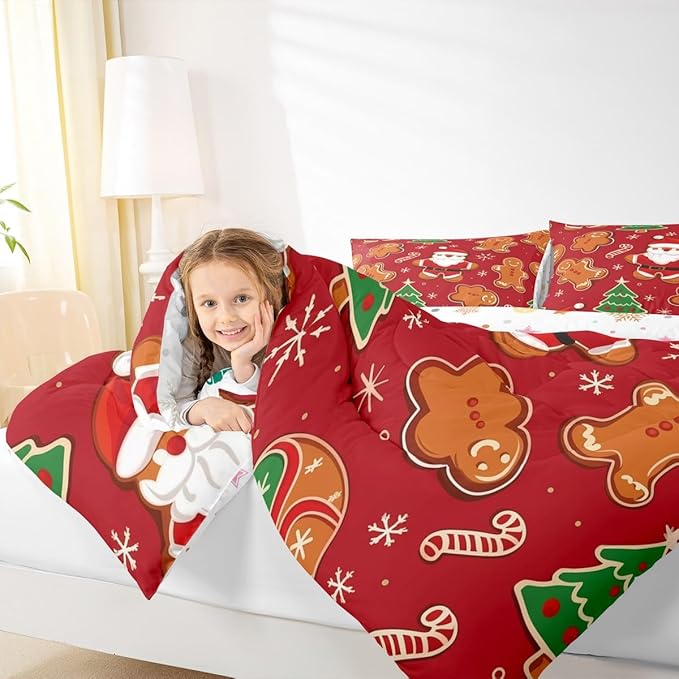 Feelyou Christmas Kids Comforter Set Queen Size Santa Bedding Set Gingerbread Man Duvet Quilt for Kids Boys Girls Bedroom Xmas Tree Snowflake Decor Microfiber Ultra Soft Breathable
