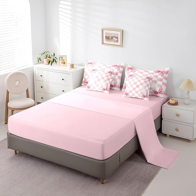 7 Pieces Pink Bowknot Kids Comforter Queen,Geometric Grid Checkered Patchwork Fashion Bedding Set,Bow Tie Knot Princess Chic Unique（Comforter+Fitted+Flat Sheet+2 Pillowcases+2 Throw Pillow Covers）