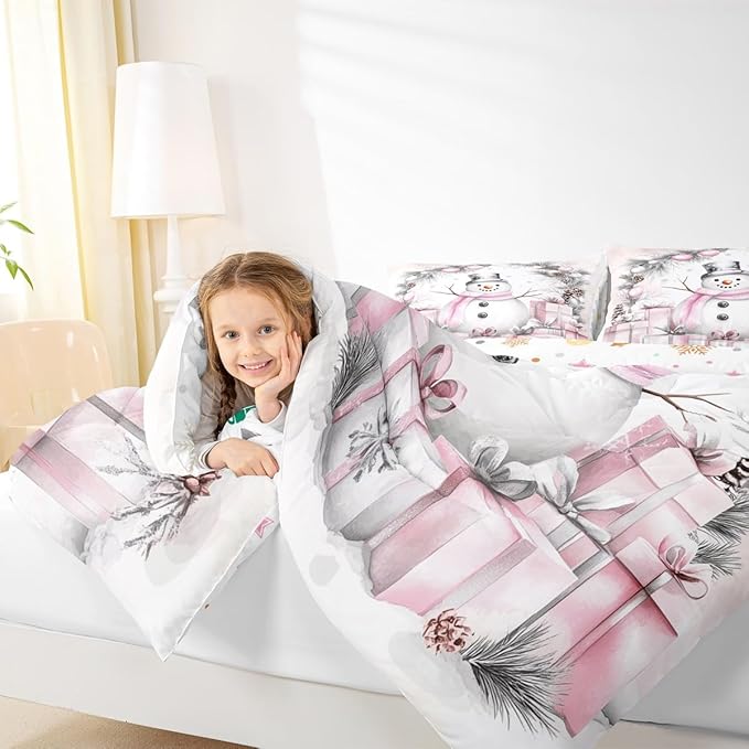 Feelyou Merry Christmas Comforter Set All Season Cute Snowman Bedding Set with 2 Pillow Cases Microfiber Kids Queen Bedclothes Snowflake Bedroom Decor Duvet Quilt Breathable Soft