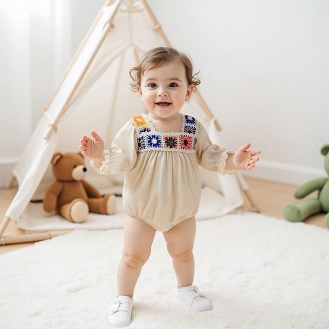 Gaono Newborn Baby Girl Smocked Bubble Romper Cute Boho Summer Clothes Ruffle Sleeveless Crochet Flower Vintage Bodysuit
