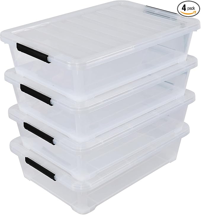 42 L 4 Packs Plastic Under Bed Storage Container with Lids, Clear Underbed Storage Bin with Wheels