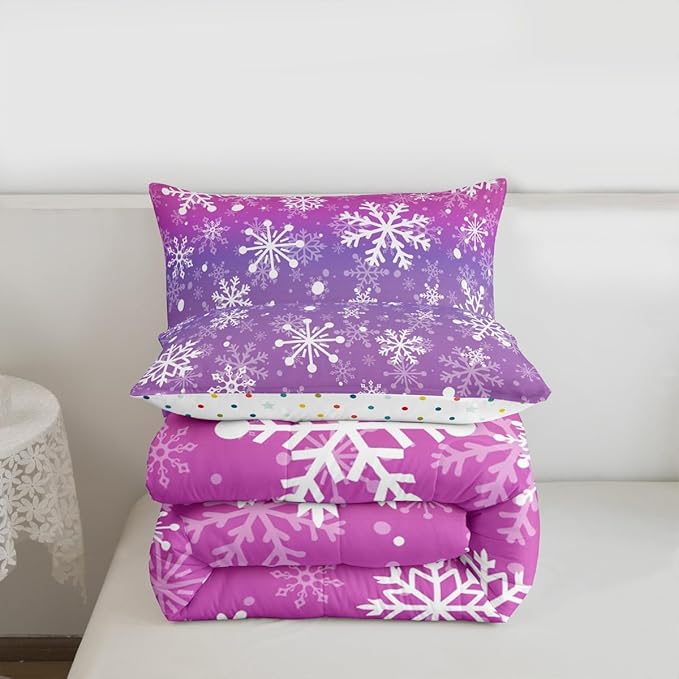 Feelyou Christmas Comforter Set All Season Pink Purple Bedding Set with 1 Pillow Cases Winter Snowflake Microfiber Kids Twin Bedclothes New Year Holiday Bedroom Decor Duvet Quilt Soft Lightweight