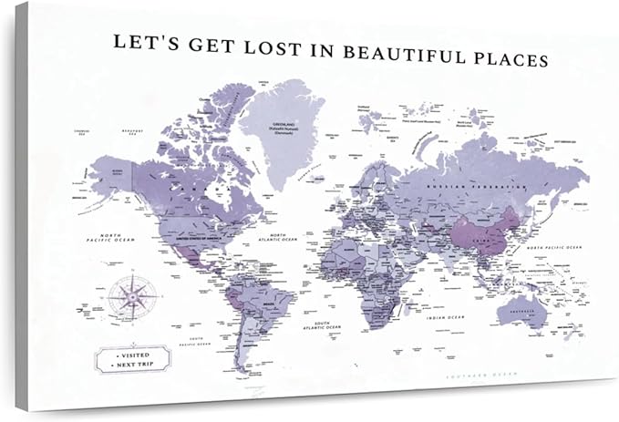 ElephantStock - Beautiful Places II Push Pin World Map Wall Art - Horizontal Canvas Wall Art - Living Room Wall Decor - Digital Art Map Canvas Art - White And Black Decor - 36" x 24"