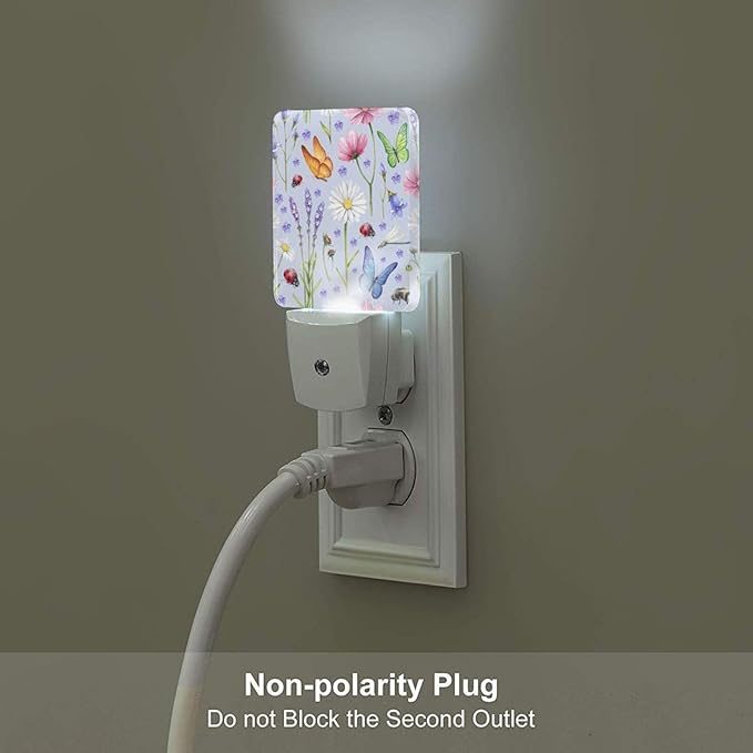 Wild Flowers and Insects Butterflies Night Light,Plug Into Wall for Boys Girls Bedroom Decorative Square Night Light Lamp 0.5w Sleep Friendly