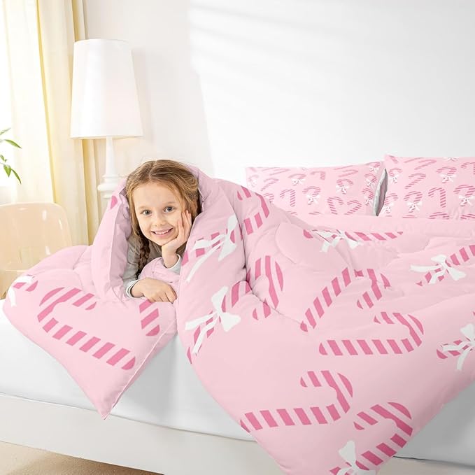 Feelyou Merry Christmas Comforter Set Queen Size Pink Candy Cane Bedding Set for Kids Boys Girls Bow Duvet Quilt Bedroom Decor Microfiber 3 Pcs with 2 Pillow Cases