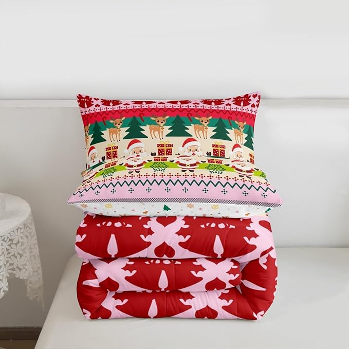 Feelyou Merry Christmas Comforter Set Twin Size Santa Claus Bedding Set for Kids Boys Girls Cute Deer Duvet Quilt Snowflake Bedroom Decor Microfiber 2 Pcs with 1 Pillow Cases
