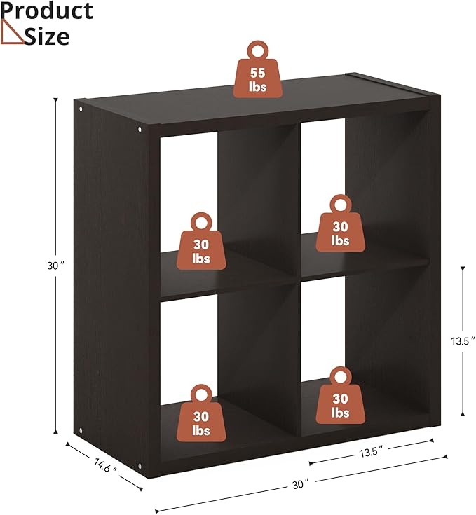 4 Black Cube Storage Organizer, 14.6" x 30" x 30" Wooden Cube Storage Organizer with Four Organized Spaces, 2 x 2 Closet Cubbies for Bedroom, Living Room, Playroom, Dark Brown