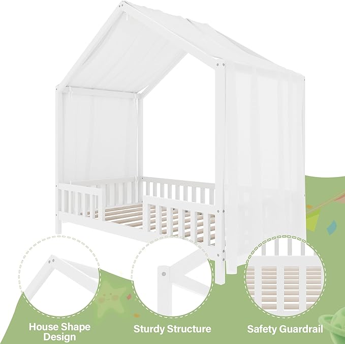 Bellemave Twin House BedFrame with Canopy, Montessori Floor Bed, House Bed with Rails for Kids, White