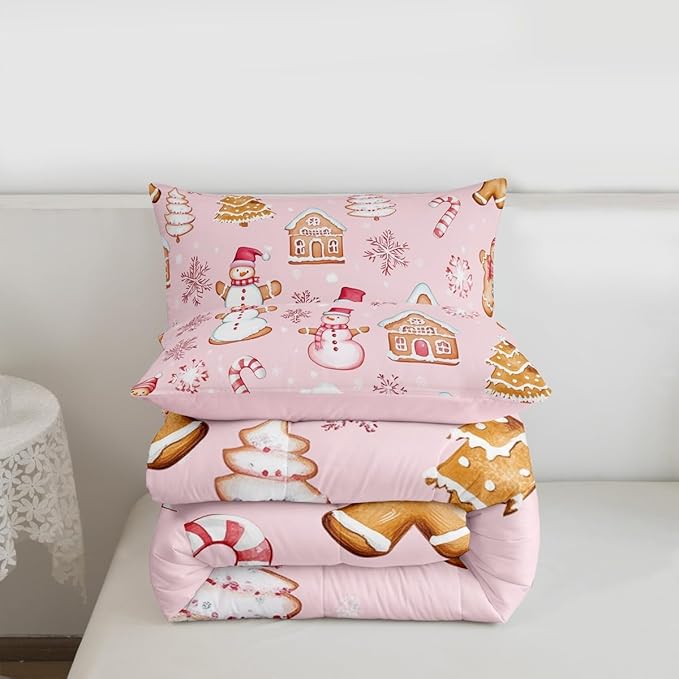 Feelyou Pink Christmas Kids Comforter Set Twin Size Snowman Bedding Set Gingerbread Man Duvet Quilt for Kids Boys Girls Bedroom Snowflake Candy Cane Decor Microfiber Ultra Soft Breathable