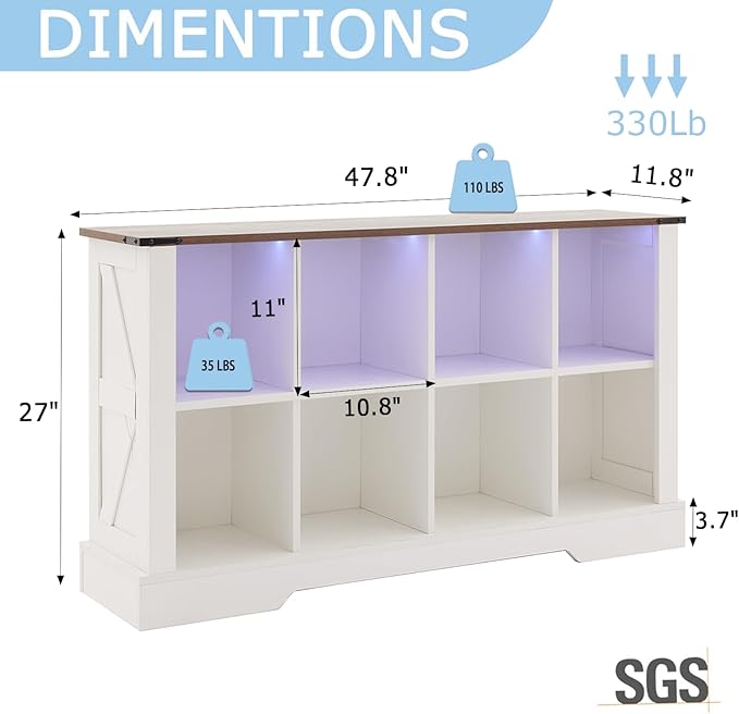 8 Cube Storage Organizer, Wood Cube Bookshelf with LED Lights, Horizontal Storage Cubes, Kids Bookshelf, Display Cabinet Cubby Shelf for Living Room Home Office Bedroom, White