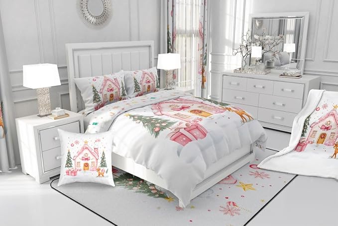 Feelyou Gingerbread House Bedding Set Soft for Boys Girls, Christmas Tree Comforter Set Toddler Size Reindeer Duvet Quilt Microfiber Snowflake Bedroom Decor Holiday Scene 2 Pcs with 1 Pillow Cases