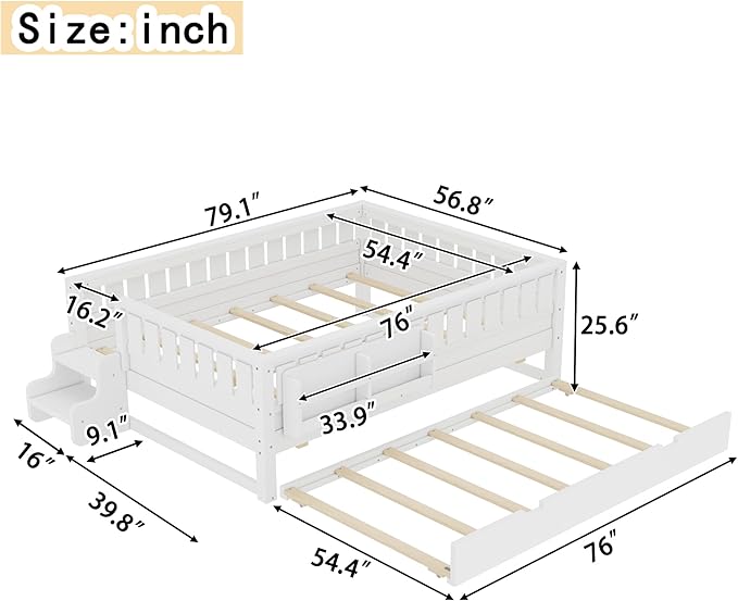 Bellemave Full Bed with Trundle and Stairs, Full Size Platform Bed Frame with Fence and Bookshelf, Easy Assemble Beds for Kids, Girls, Boys, White