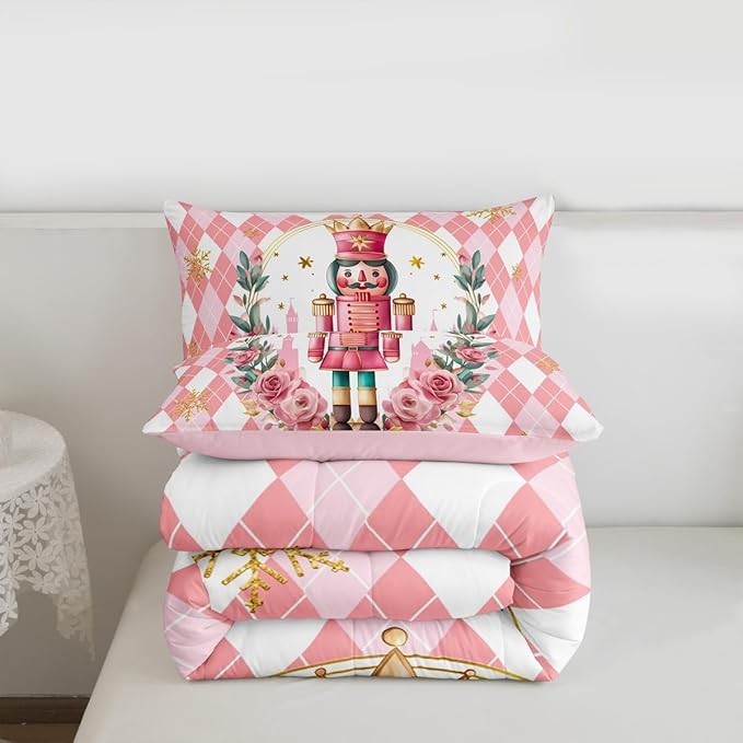 Feelyou Christmas Comforter Set King Size Pink Nutcrackers Bedding Set for Kids Boys Girls Rhombus Pattern Duvet Quilt Floral Bedroom Decor Snowflake Microfiber 3 Pcs with 2 Pillow Cases