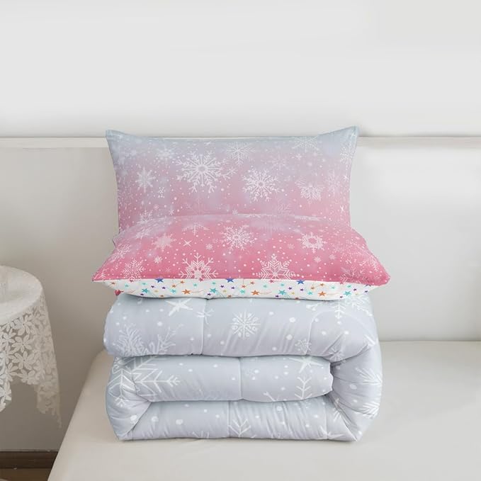 Feelyou Christmas Comforter Set King Size Winter Snowflake Bedding Set for Kids Boys Girls Blue Pink Gradient Duvet Quilt Bedroom Decor Microfiber 3 Pcs with 2 Pillow Cases