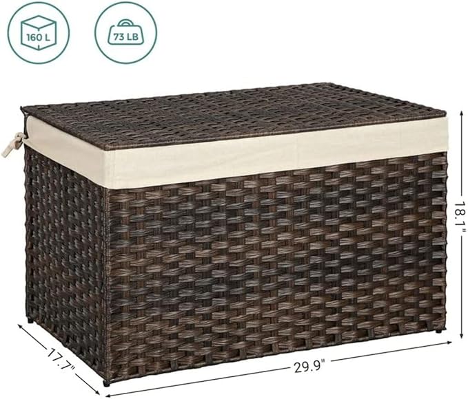 SONGMICS Storage Basket with Lid, 42.3 Gallon (160L) Storage Bin, Woven Blanket Storage Basket with Handles, Foldable, Removable Liner, Metal Frame, for Bedroom, Laundry Room, Brown URST76BR