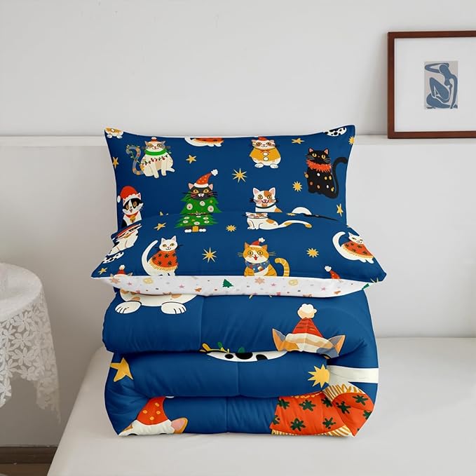 Erosebridal Merry Christmas Kids Cartoon Bedding Set Queen Size Cute Cat Comforter Set Xmas Tree Quilts for Teens Boys Girls Room Decor,Kawaii Animals Duvet Insert,Blue