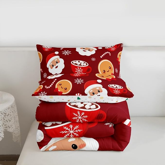 Feelyou Merry Christmas Comforter Set Queen Size Santa Claus Bedding Set for Kids Boys Girls Gingerbread Man Duvet Quilt Snowflake Bedroom Decor Microfiber 3 Pcs with 2 Pillow Cases