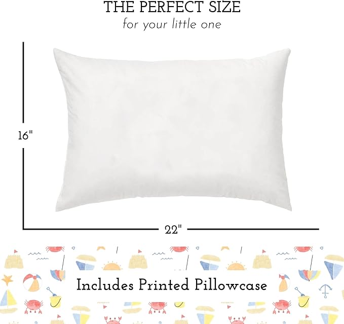 Little Sleepy Head Youth Pillow with Pillowcase 16x22, Soft Jumbo Toddler Pillows, Hypoallergenic Pillow Case - Best Kids Pillows for Sleeping, Perfect Kids Travel Pillows (Beach Days)