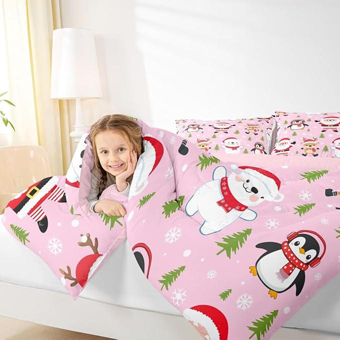 Feelyou Pink Christmas Bedding Set Soft for Boys Girls, Santa Claus Comforter Set King Size Penguin Deer Duvet Quilt Microfiber Xmas Snowflake Tree Bedroom Decor 3 Pcs with 2 Pillow Cases