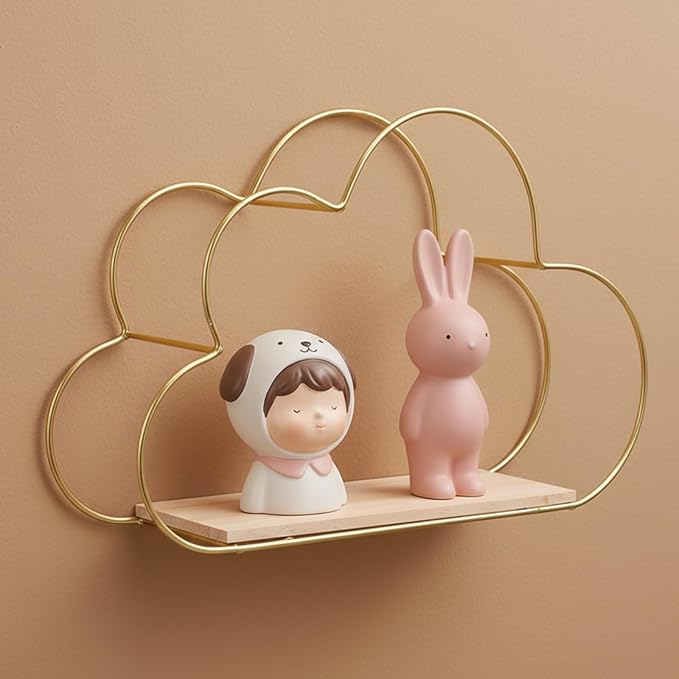 Golden Cloud Shape Floating Shelves Wall Decor,Gold Metal Wire and Wood Base Wall Mounted Shelf Decorations for Home Bedroom Living Room Set of 3
