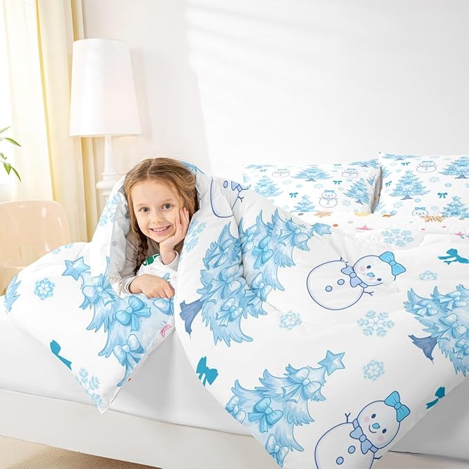 Feelyou Merry Christmas Bedding Set Soft for Boys Girls, Cute Snowman Comforter Set Full Size Cartoon Bowknot Duvet Quilt Microfiber Christmas Tree 3 Pcs with 2 Pillow Cases