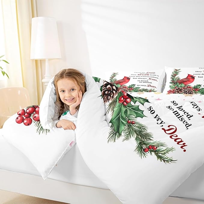 Red Cardinal Kids Bedding Set King Size,Christmas Birds Holly Pinecones Comforter Set,Berries Poinsettia Rustic Animal Quilt Comforter,White Red Green Bedroom Duvet Insert,2 Pillowcases
