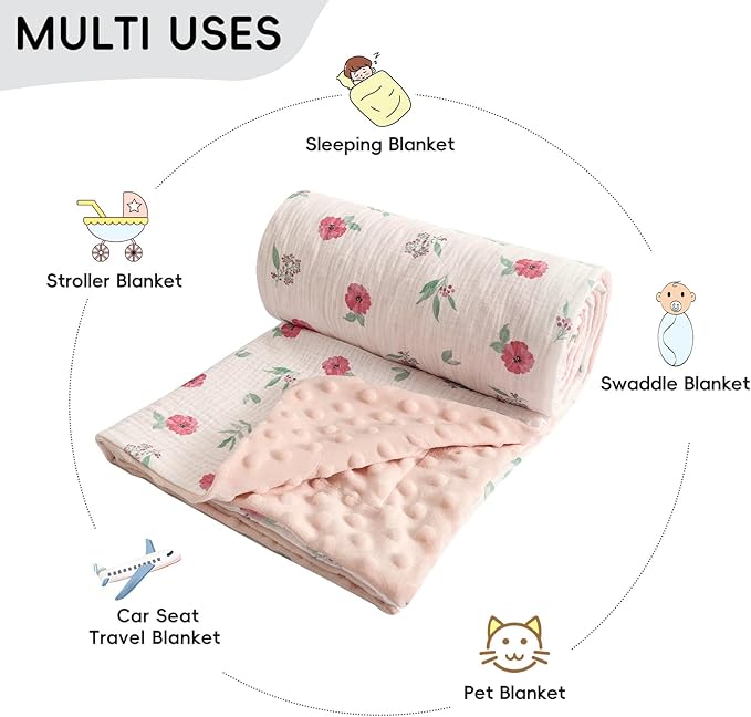 david's kids Muslin Minky Baby Blanket for Girls with Muslin Cotton Front and Dotted Fleece Backing, Breathable and Soft Lightweight Receiving Blanket for Newborns, 40x50 Inches, Pink Floral