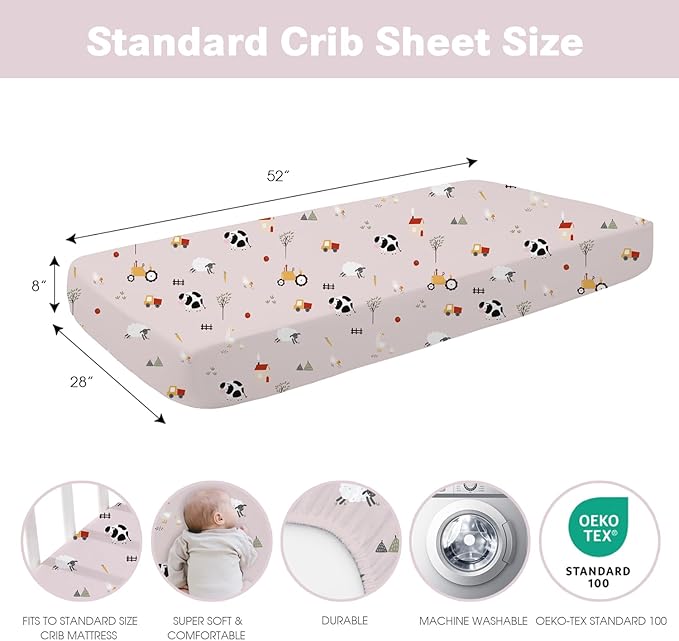 Little Grape Land Crib Sheets Baby Toddler Sheets 3 Pack Fitted for Boys Girls, Standard Size 28x52‘’ Crib Mattress, Super Soft Breathable Washable Microfiber Pink Sheep