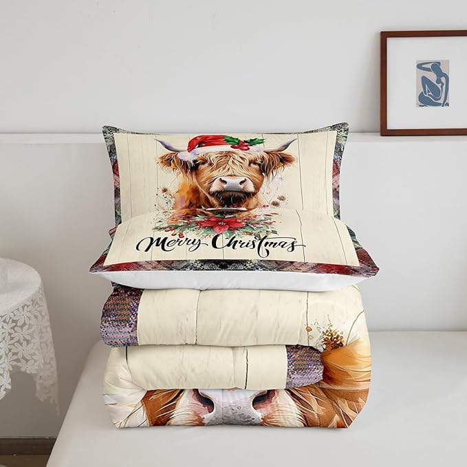 Castle Fairy Highland Cattle Comforter Set King Size,Merry Christmas Flowers Pine Trees Bedding Set All Season Quilt Set,Rustic Farmhouse Wooden Grid Plaid Microfiber Polyester Down Comforter
