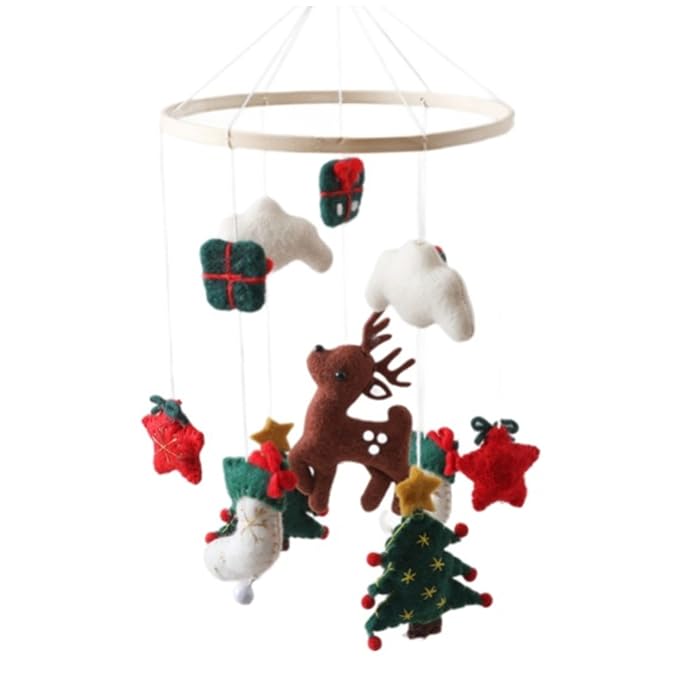 Baby Crib Mobile, Christmas Deer Crib Hanging Toy, Felt Xmas Tree Clouds Stars Baby Wind Chimes, Newborn Gifts for Girls Boys Toys Hanging Christmas Toys Mobile Hanger for