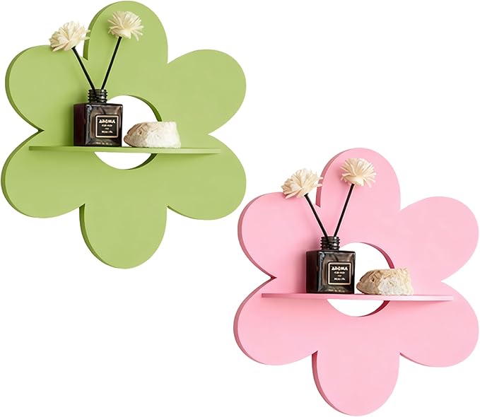 Cute Shelf Pink Floating Shelves, 2Pcs Flower Shaped Green Floating Shelves Display Daisy Decor for Bathroom Livingroom Bedroom Shelves (Pink Green)