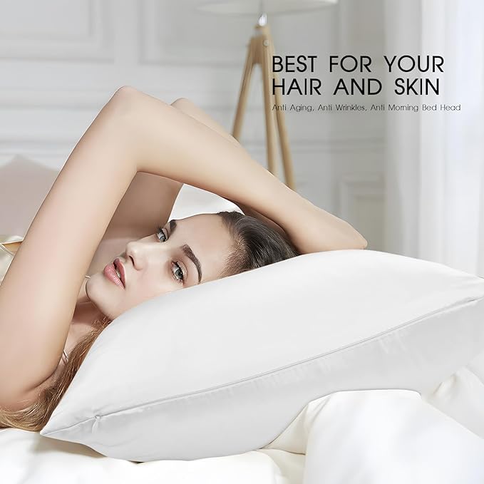 100% Mulberry Silk Pillowcase for Hair and Skin,Both Sides Natural Silk Bed Pillow Case with Hidden Zipper,19 Momme Grade 6A,1pc,Ivory White,Standard Size 20x26 Inches