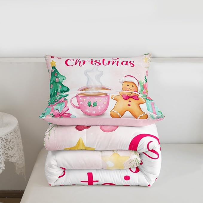 Feelyou Merry Christmas Bedding Set Soft for Boys Girls, Christmas Decor Comforter Set Full Size Gingerbread Man Duvet Quilt Microfiber Xmas Bedroom Decor 3 Pcs with 2 Pillow Cases