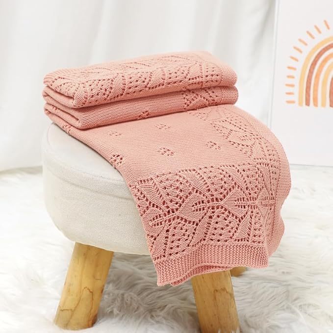 LAWKUL Blanket Baby Cellular 100% Cotton Knitted Soft Knit Crochet Blankets for Newborn Boy Girls Toddler Pink 100x80cm