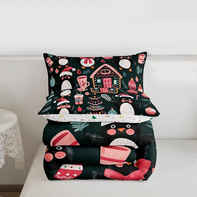 Feelyou Christmas Kids Comforter Set King Size Xmas Tree Ball Bedding Set Penguin Duvet Quilt for Kids Boys Girls Bedroom Gingerbread Houses Decor Microfiber Ultra Soft Breathable