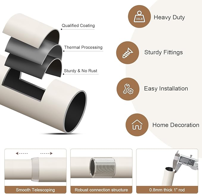 Modern White Curtain Rods for Windows 48 to 84 Inches Adjustable Length Heavy Duty 1" Diameter Window Curtain Rod with Decorative Finials for Outdoor Farmhouse Bedroom Kitchen Living Room