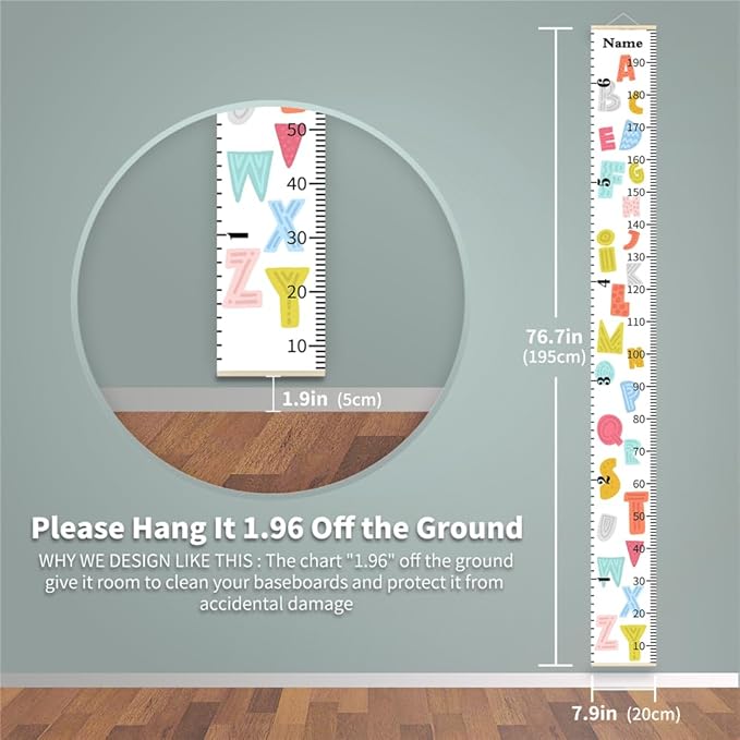 Personalized Growth Chart for Kids, Baby Height Chart with Custom Name, 77"x7.9" Canvas and Beige Wood Height Measuring Rulers for Boys Girls Removable Wall Ruler Hanging for Nursery Decor - Alphabet