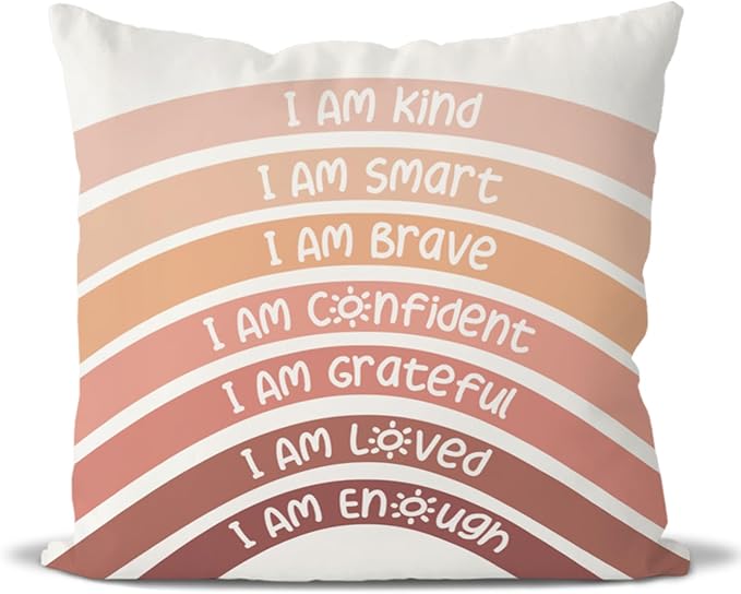 QIYUHOY Fall Decor Boho Rainbow Classroom Throw Pillow Covers, Book Center Calming Corner Playroom Decor Pillow Case, Orange Pillow Cover, I Am Kind Smart Brave Confidence 22x22 Inch (Orange)
