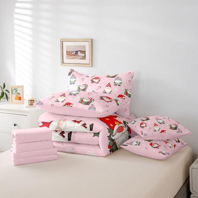 Feelyou Christmas Gnomes Queen Comforter Set with Sheets for Kids Boys Girls Cute Snowflakes Candy 7 Pieces Bedding Set Santa Claus Bed in a Bag Reversible Xmas Pink Decor Room Decor Soft Lightweight