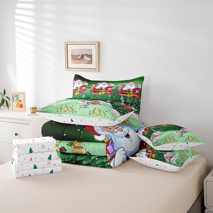 Feelyou Santa Claus Printed Bed Set Christmas Decorations Bed in a Bag for Kids Boys Girls Galaxy Blue Cute Decor Comforter Set with Sheets Snowman Snowflake Bedding Set Bedroom Collection Queen Size