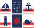 Andaz Press Ocean Nautical Sailor Theme Nursery Kids Bedroom Hanging Wall Art Decor, 8.5x11-inch, Red Stripes, Boat, Anchor, Lighthouse, Whale, 6-Pack, Unframed Room Poster